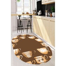 Evdeya Dijital Baskılı Kaymaz Taban Renkli Fincanlar Oval Mutfak Halısı, O-Mutfak-26-Kahve,