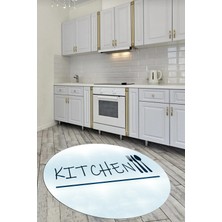 Evdeya Kitchen Yazılı Kaşık Çatal Bıçak Desenli Yıkanabilir Yuvarlak Mutfak Halısı, Y-Mutfak-49-Mavi,
