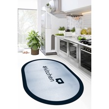 Evdeya Dijital Baskılı Yıkanabilir Kaymaz Kitchen Yazılı Çerçeveli Oval Mutfak Halısı, O-Mutfak-02-Mavi,