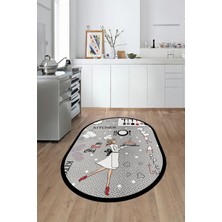 Evdeya Dijital Baskılı Yıkanabilir Kaymaz Kitchen Yazılı Aşçı Oval Mutfak Halısı, O-Mutfak-03-Gri,