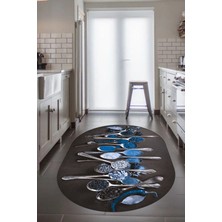 Evdeya Baharat Temalı Kaymaz Taban Yıkanabilir  Modern Oval Mutfak Halısı, O-Mutfak-33-Mavi,