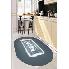 Evdeya Kitchen Yazılı Merdane Desenli Yıkanabilir Oval Mutfak Halısı, O-Mutfak-28-Gri,