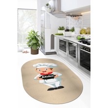 Evdeya Kitchen Yazılı Aşçı Motifli Kaymaz Taban Yıkanabilir Oval Mutfak Halısı, O-Mutfak-05-Krem,