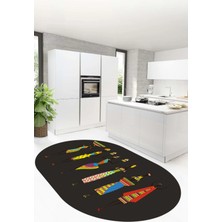 Evdeya Etnik Motifli Modern Kaymaz Taban Yıkanabilir Oval Mutfak Halısı, O-Mutfak-40-Antrasit,