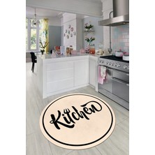 Evdeya Kitchen Yazılı Çerçeveli Kaymaz Taban Yıkanabilir Yuvarlak Mutfak Halısı, Y-Mutfak-42-Krem,
