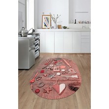 Evdeya 3D Dijital Baskılı Mutfak Eşyaları Motifli Yıkanabilir Oval Mutfak Halısı, O-Mutfak-16-Pembe,