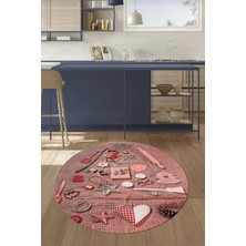 Evdeya 3D Dijital Baskılı Mutfak Eşyaları Motifli Yıkanabilir Yuvarlak Mutfak Halısı, Y-Mutfak-16-Pembe,