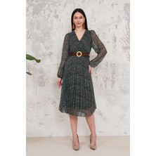 Livanomi Puantiyeli Yeşil Kruvaze Yaka Elbise