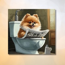 Tekli Kare Kanvas Banyo Tablosu Gazete Okuyan Pomarian Köpek