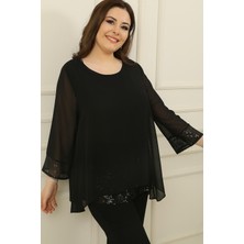 By Saygı Yaka Manşeti ve Içi Pulpayet Büyük Beden Şifon Bluz