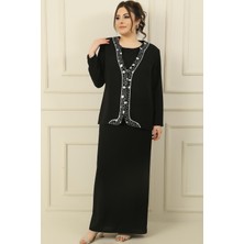 By Saygı Kolsuz Astarlı Uzun Elbise Önü Varaklı Pullu Ceket Büyük Beden Krep 2'li Takım