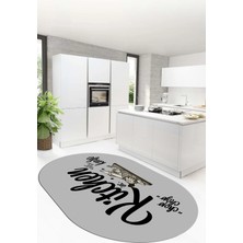 Evdeya Kitchen Yazılı Modern Kaymaz Taban Yıkanabilir Oval Mutfak Halısı, O-Mutfak-41-Gri-Siyah,