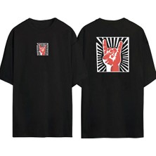 The Wert Unisex Rock'n Roll El Işareti Ön Arka Baskılı Sıyah Oversize T-Shirt