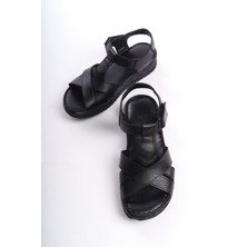 Tamdabu Ayakkabı Hakiki Deri Siyah Anatomik Taban Comfort Kadın Sandalet TMD2024202