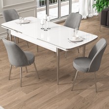 Canisa Pale Serisi 80X132 Açılabilir Beyaz Mutfak Masa Takımı 4 Sandalye Krom Detay