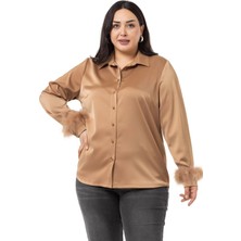 Disentis Modest Büyük Beden Kolu Tüy Detaylı Top Düğmeli Saten Vizon Gömlek