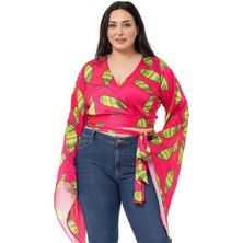 Disentis Modest Büyük Beden Belden Bağlamalı Kol Detaylı Saten Fuşya Bolero
