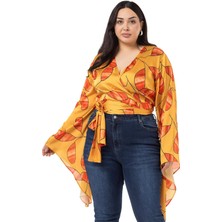 Disentis Modest Büyük Beden Belden Bağlamalı Kol Detaylı Saten Hardal Bolero