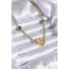 Takızon 316L Çelik Gold Renk Yonca Model Nazar Boncuk Detay Kadın Kolye - TJ-BKO7735