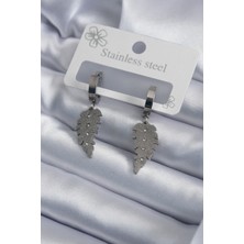 Takızon 316L Çelik Gümüş Renk Simli Zirkon Taşlı Yaprak Model Kadın Küpe - TJ-BKP7953