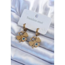 Takızon 316L Çelik Gold Renk Yonca Model Nazar Boncuk Detay Kadın Küpe - TJ-BKP8011