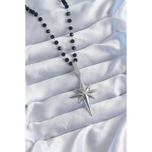 Takızon Pirinç Gümüş Renk Kutup Yıldızı Siyah Boncuk Zirkon Taş Vip Seri Kadın Kolye - TJ-BKO8018