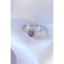 Takızon Gümüş Renk Mor Zirkon Taşlı Kalp Charm Model Pirinç Kadın Yüzük - TJ-BYK2618