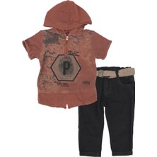 Bebelop Erkek Çocuk P Nakışlı Kapüşonlu Kısa Kol Gömlek Kot Şort 2'li Takım