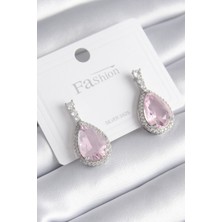 Takızon Pirinç Gümüş Renk Zirkon Taş Detay Damla Pembe Zirkon Taş Model Kadın Küpe - TJ-BKP8439