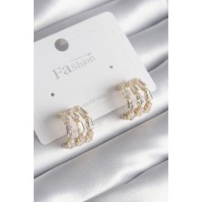 Takızon Pirinç Gümüş Renk 3'lü Zirkon Taşlı Kadın Küpe - TJ-BKP8529