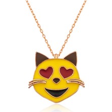 Kick Shop 925 Ayar Gümüş Kalp Gözlü Kedi Emoji Kadın Gümüş Kolye