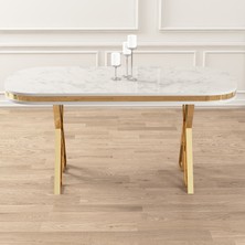 Canisa Zae Serisi 90X168 Lak Panel Beyaz Mermer Desen Gold Ayak Masa Takımı 6 Sandalye