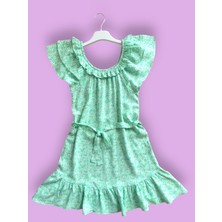 Kız Çocuk Çiçekli Su Yeşili Rahat Yazlık Elbise