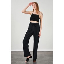 Tena Kadın Siyah Yüksel Bel Deri Kemerli Poplin Pantolon