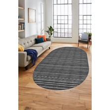 Evdeya Kilim Desenli Sade Motifli Kaymaz Taban Yıkanabilir Oval Yolluk Salon Halısı, O-Sade-30-Antrasit,