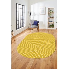 Evdeya Baskılı Kaymaz Taban Yıkanabilir Çizgili Desen Oval Yolluk Mutfak Salon Halısı, O-Sade-08-Sarı,