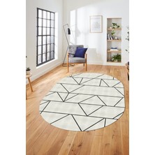 Evdeya Baskılı Kaymaz Taban Yıkanabilir Çizgili Desen Oval Yolluk Mutfak Salon Halısı, O-Sade-06-Krem,