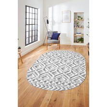 Evdeya 3D Baskılı Kaymaz Taban Yıkanabilir Kilim Desen Oval Yolluk Mutfak Salon Halısı, O-Sade-04-Gri,