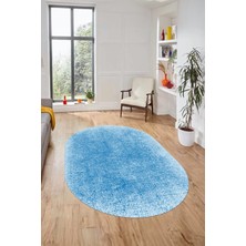 Evdeya Dijital Baskı Kaymaz Yıkanabilir Sade Düz Renk Tasarım Oval Yolluk Salon Halısı, O-Sade-43-Mavi,