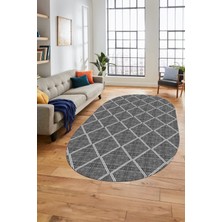Evdeya Baklava Desenli Sade Motifli Kaymaz Taban Yıkanabilir Oval Yolluk Salon Halısı, O-Sade-29-Gri,