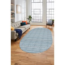 Evdeya Kilim Desenli Sade Motifli Kaymaz Taban Yıkanabilir Oval Yolluk Salon Halısı, O-Sade-30-Mavi,