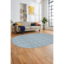 Evdeya Kilim Desenli Sade Motifli Kaymaz Taban Yıkanabilir Oval Yolluk Salon Halısı, O-Sade-30-Mavi,