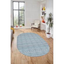 Evdeya Kilim Desenli Sade Motifli Kaymaz Taban Yıkanabilir Oval Yolluk Salon Halısı, O-Sade-30-Mavi,
