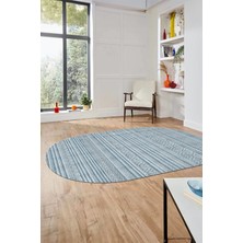 Evdeya Kilim Desenli Sade Motifli Kaymaz Taban Yıkanabilir Oval Yolluk Salon Halısı, O-Sade-30-Mavi,