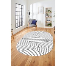 Evdeya Baskılı Kaymaz Taban Yıkanabilir Çizgili Desen Oval Yolluk Mutfak Salon Halısı, O-Sade-08-Beyaz,