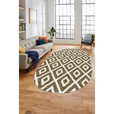Evdeya Sade Baklava Desen Motifli Kaymaz Taban Yıkanabilir Oval Yolluk Salon Halısı, O-Sade-27-Kahve,