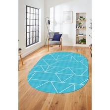 Evdeya Baskılı Kaymaz Taban Yıkanabilir Çizgili Desen Oval Yolluk Mutfak Salon Halısı, O-Sade-06-Mavi,