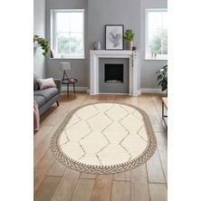 Evdeya Baskılı Kaymaz Taban Yıkanabilir Sade Kilim Desen Oval Yolluk Salon Halısı, O-Sade-17-Krem,