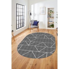 Evdeya Baskılı Kaymaz Taban Yıkanabilir Çizgili Desen Oval Yolluk Mutfak Salon Halısı, O-Sade-06-Gri,