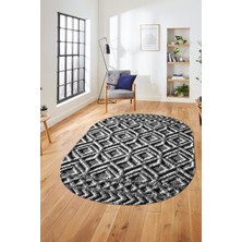 Evdeya 3D Baskılı Kaymaz Taban Yıkanabilir Kilim Desen Oval Yolluk Mutfak Salon Halısı, O-Sade-04-Antrasit,